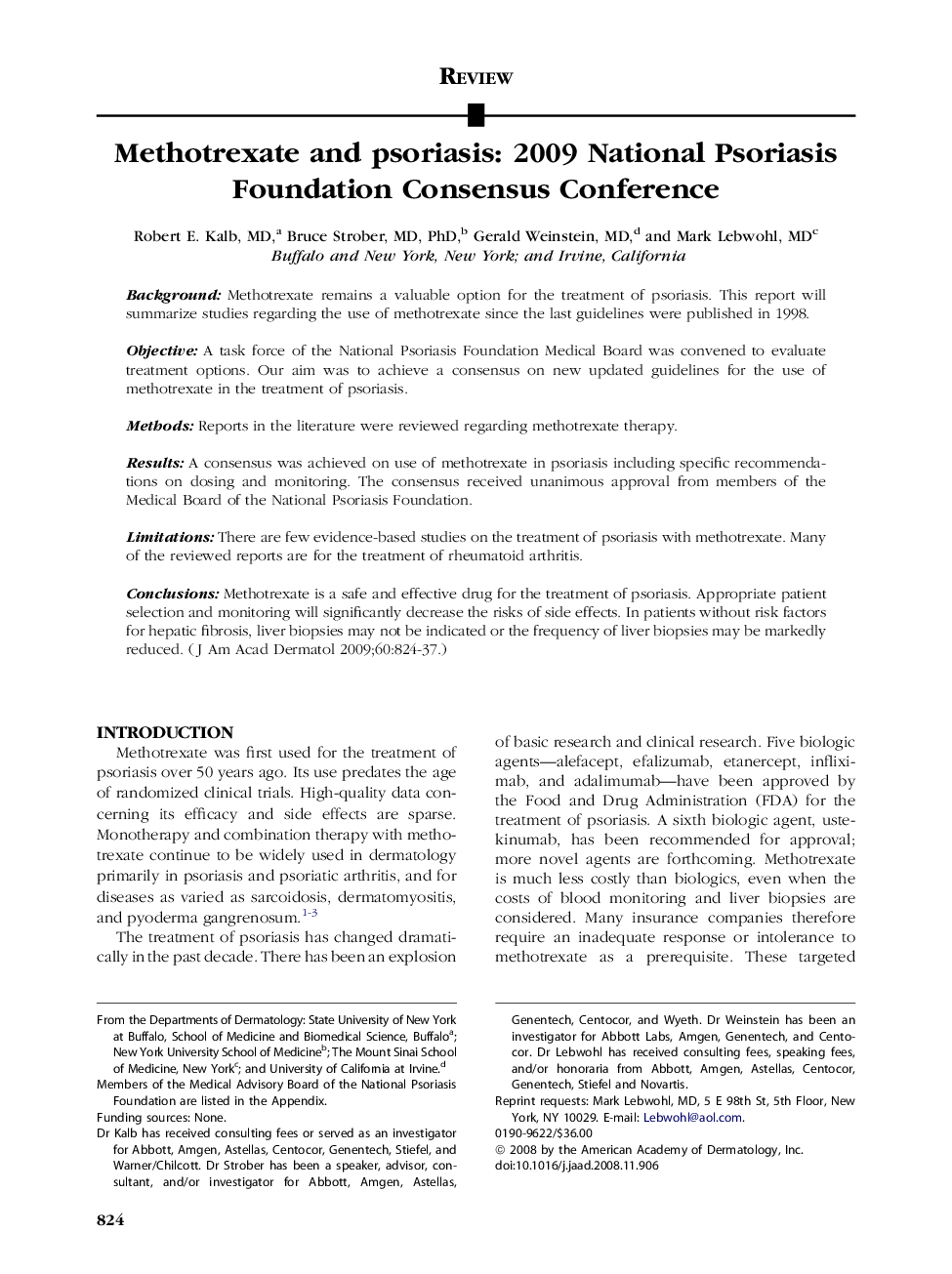 Methotrexate and psoriasis: 2009 National Psoriasis Foundation Consensus Conference 