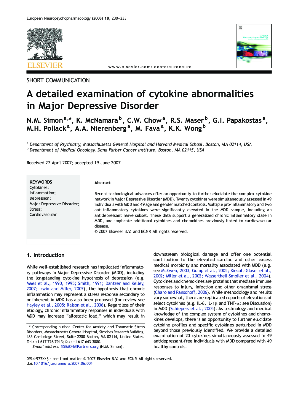 A detailed examination of cytokine abnormalities in Major Depressive Disorder