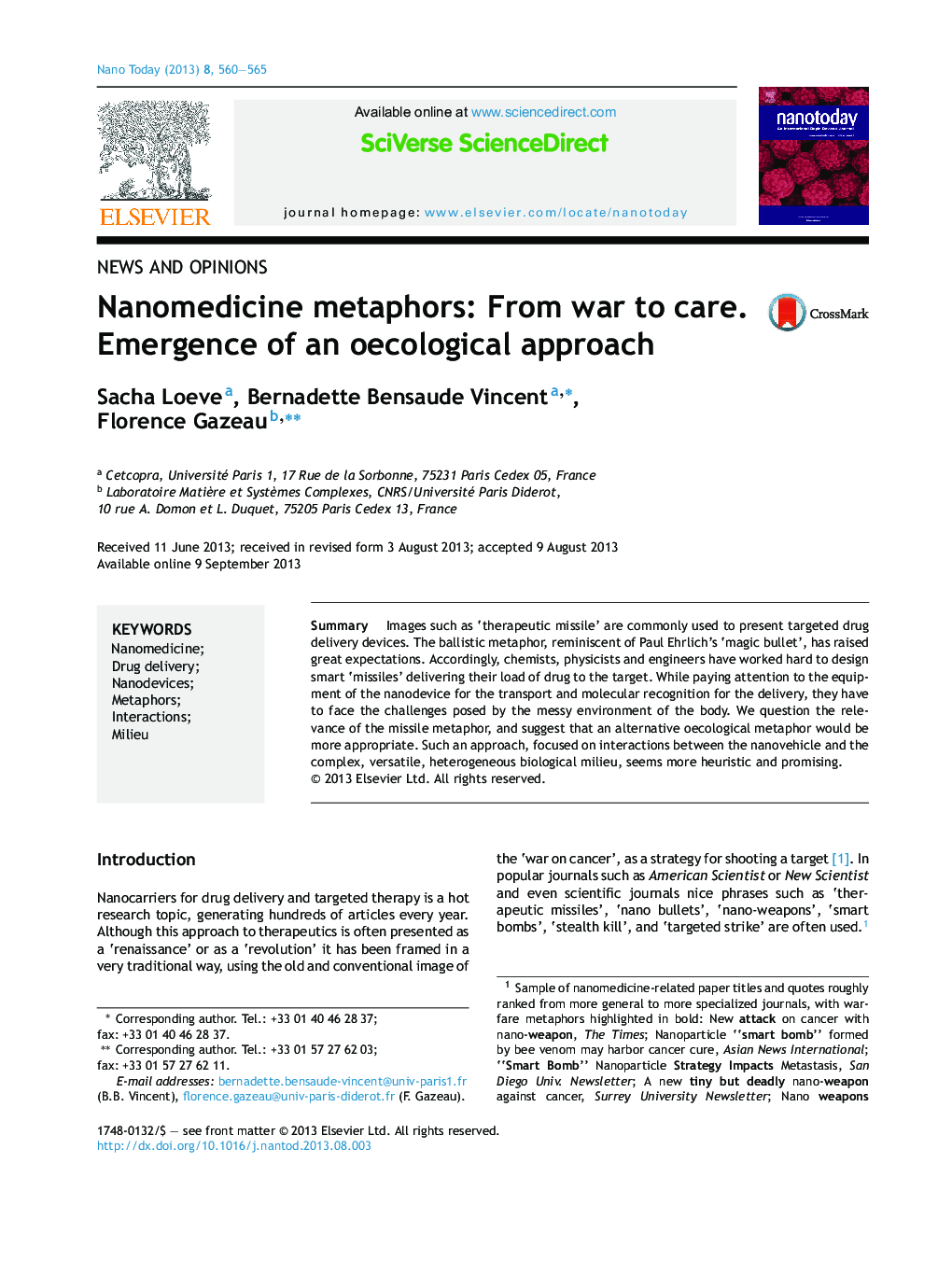 Nanomedicine metaphors: From war to care. Emergence of an oecological approach