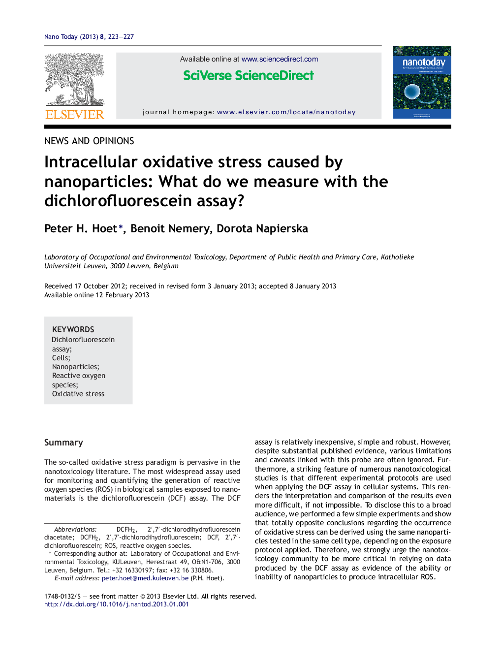 Intracellular oxidative stress caused by nanoparticles: What do we measure with the dichlorofluorescein assay?