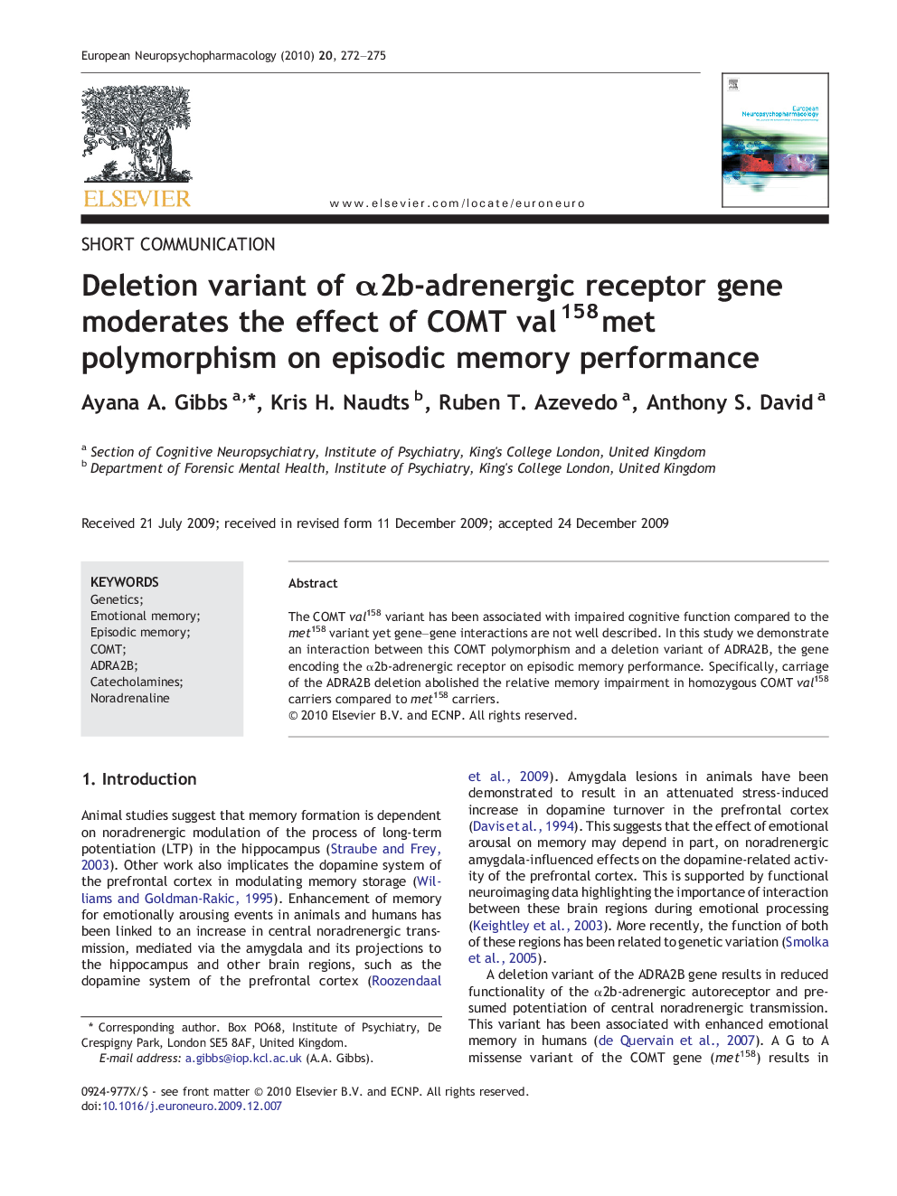 Deletion variant of α2b-adrenergic receptor gene moderates the effect of COMT val158met polymorphism on episodic memory performance