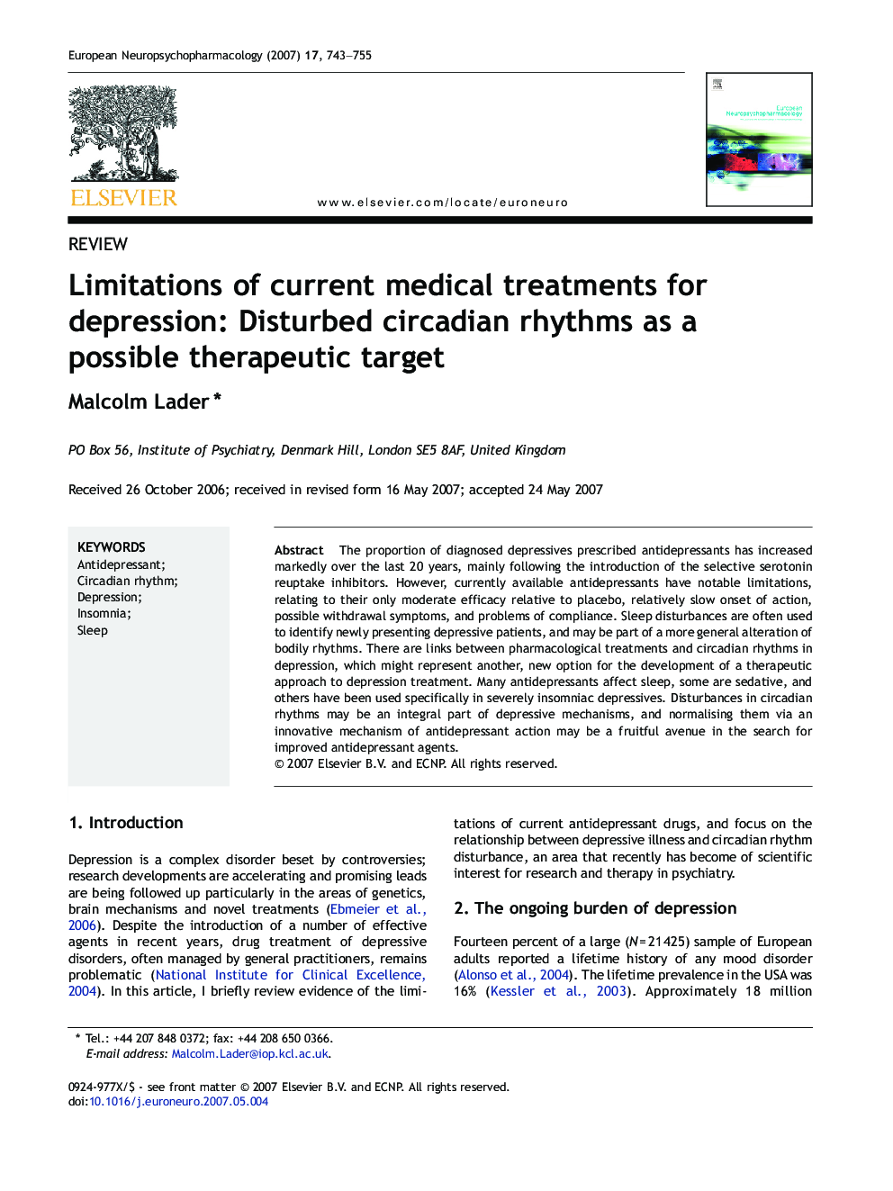 Limitations of current medical treatments for depression: Disturbed circadian rhythms as a possible therapeutic target