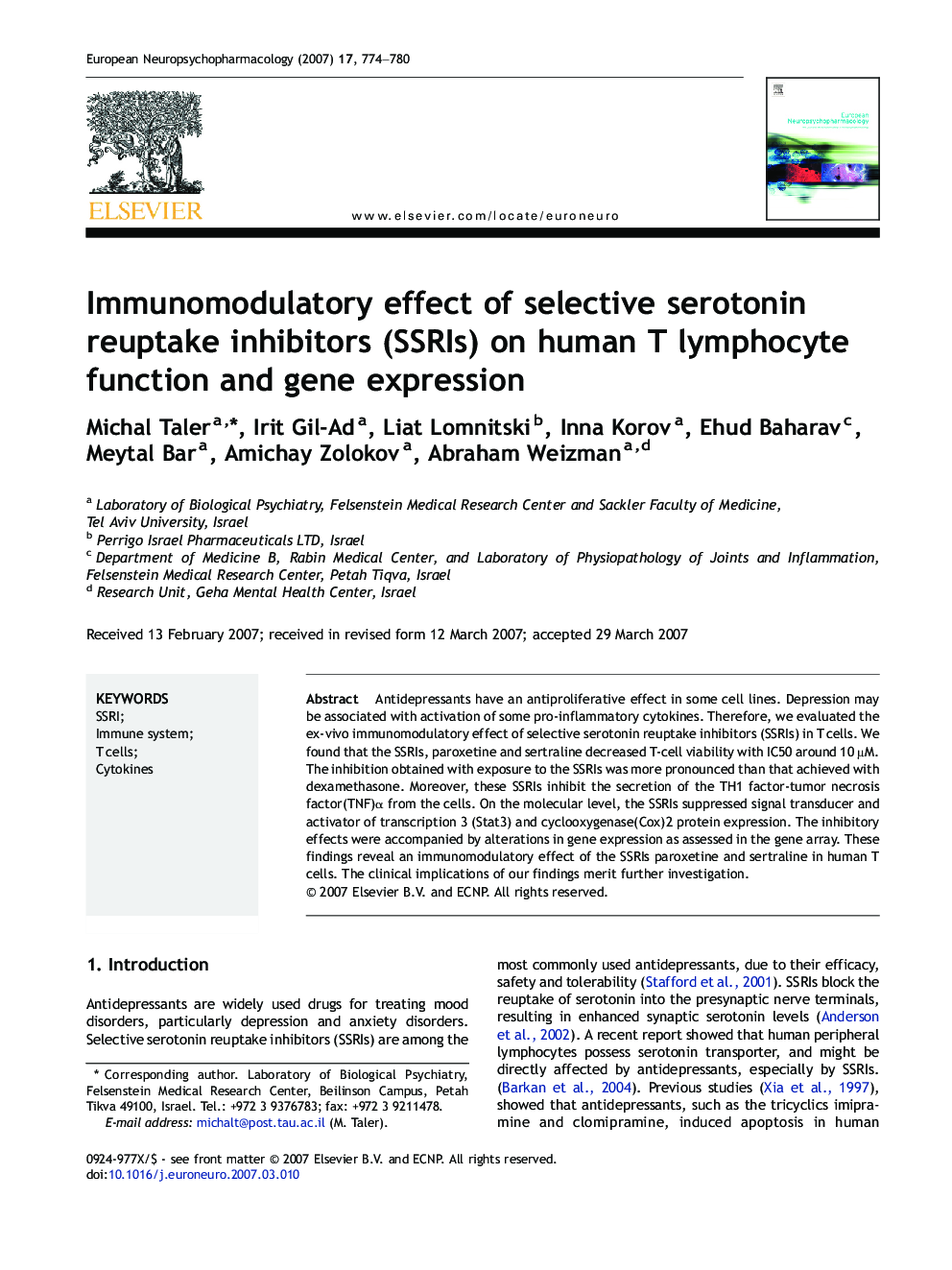 Immunomodulatory effect of selective serotonin reuptake inhibitors (SSRIs) on human T lymphocyte function and gene expression