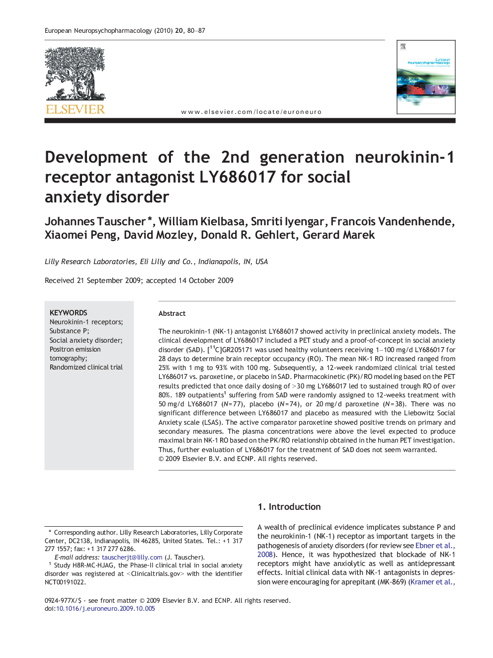 Development of the 2nd generation neurokinin-1 receptor antagonist LY686017 for social anxiety disorder