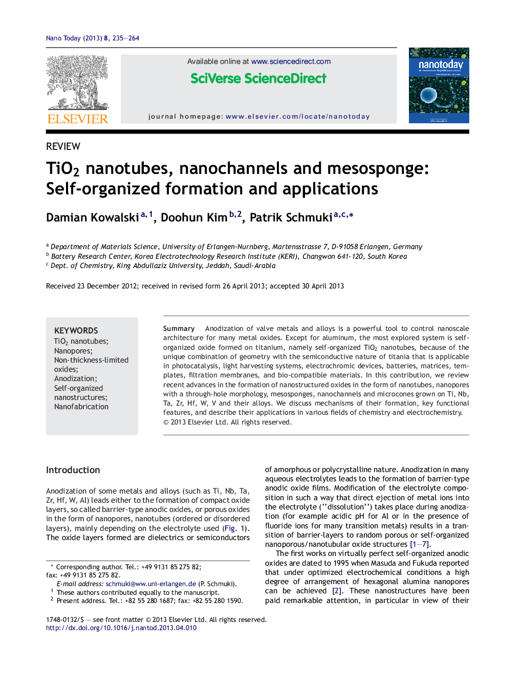 TiO2 nanotubes, nanochannels and mesosponge: Self-organized formation and applications