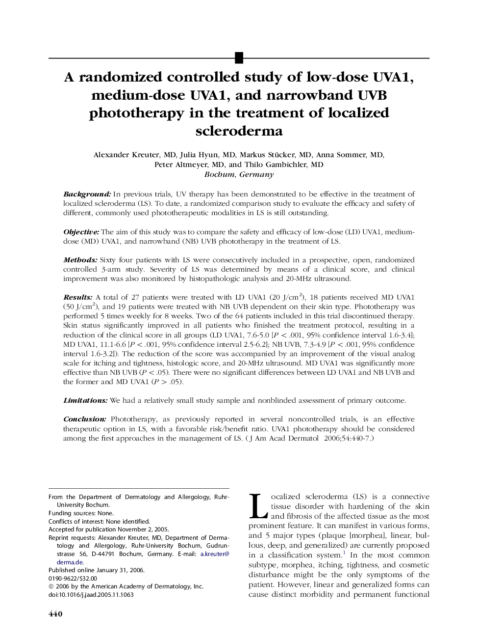 A randomized controlled study of low-dose UVA1, medium-dose UVA1, and narrowband UVB phototherapy in the treatment of localized scleroderma 