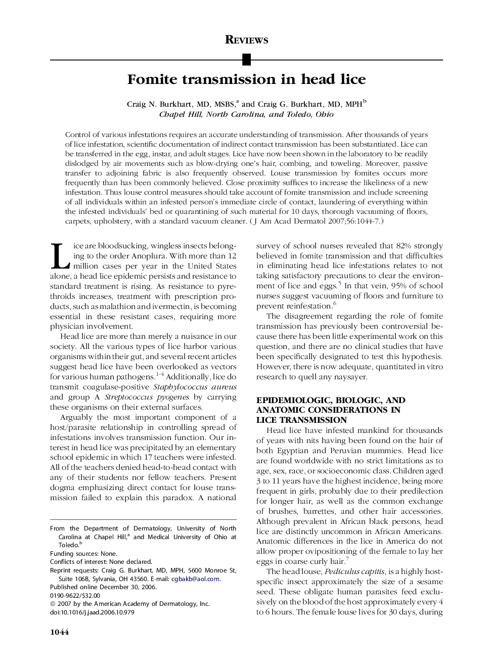 Fomite transmission in head lice 