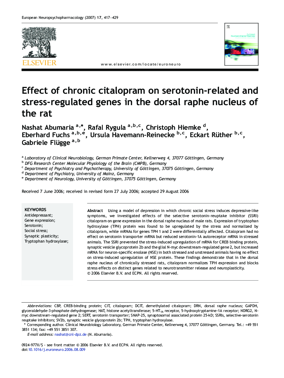 Effect of chronic citalopram on serotonin-related and stress-regulated genes in the dorsal raphe nucleus of the rat