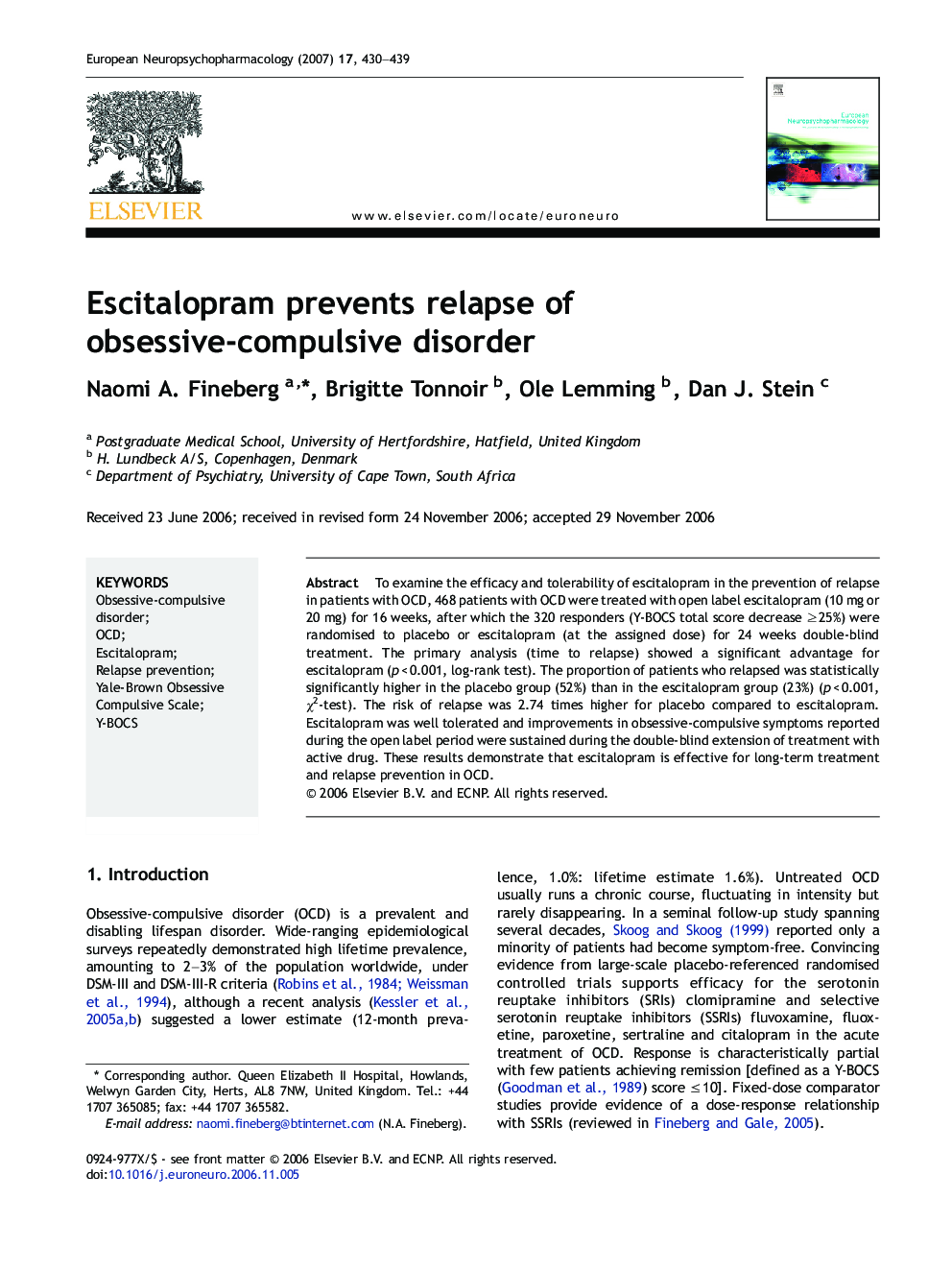 Escitalopram prevents relapse of obsessive-compulsive disorder