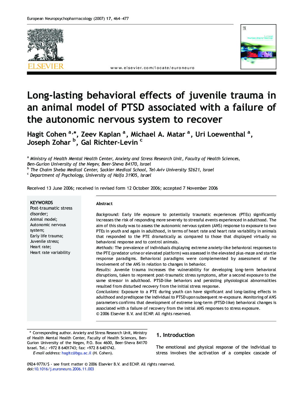 Long-lasting behavioral effects of juvenile trauma in an animal model of PTSD associated with a failure of the autonomic nervous system to recover