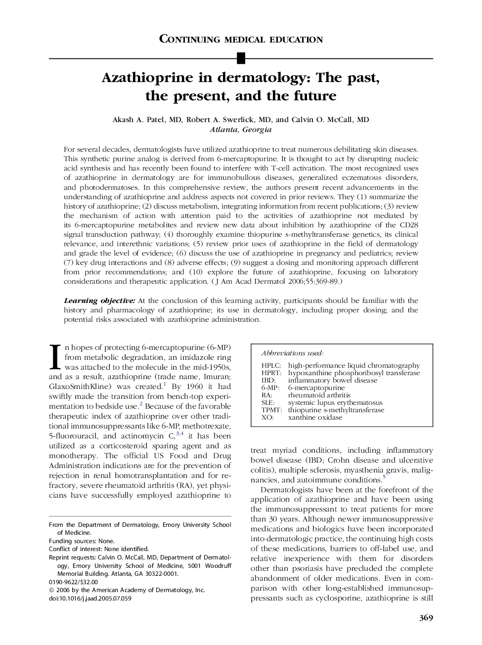 Azathioprine in dermatology: The past, the present, and the future 