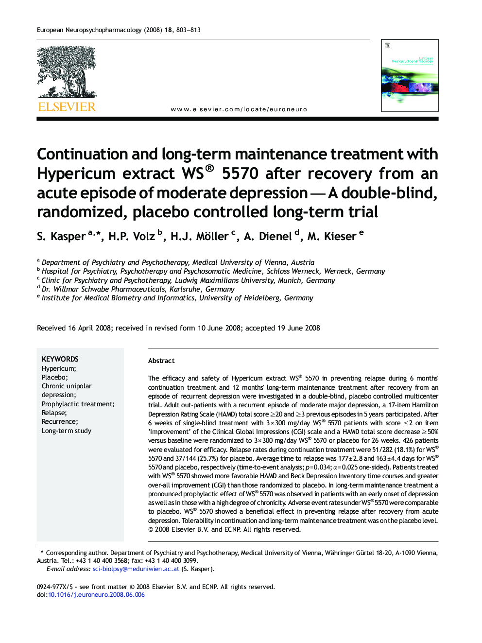 Continuation and long-term maintenance treatment with Hypericum extract WS® 5570 after recovery from an acute episode of moderate depression — A double-blind, randomized, placebo controlled long-term trial