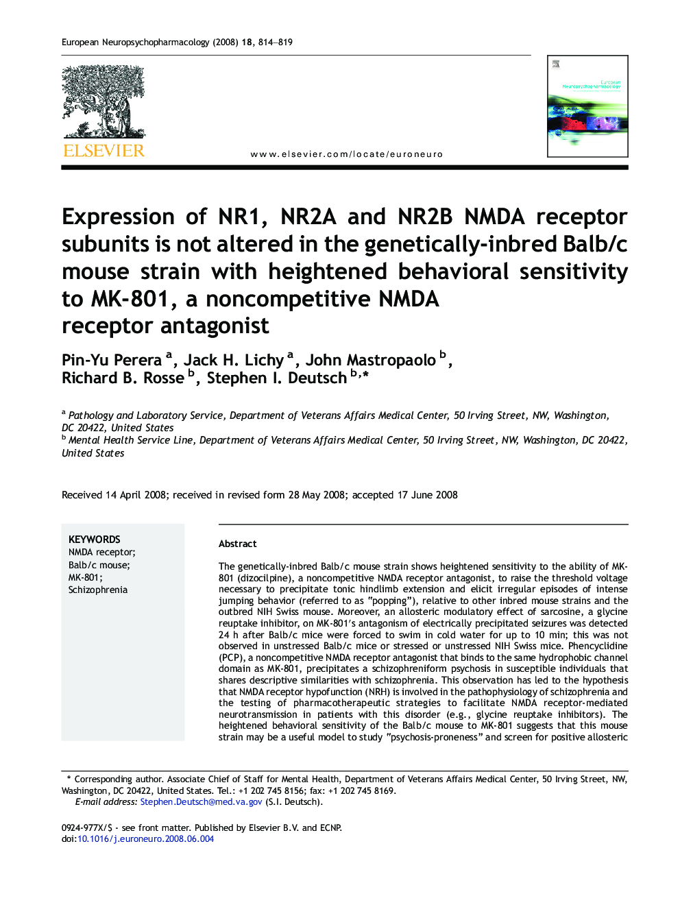 Expression of NR1, NR2A and NR2B NMDA receptor subunits is not altered in the genetically-inbred Balb/c mouse strain with heightened behavioral sensitivity to MK-801, a noncompetitive NMDA receptor antagonist