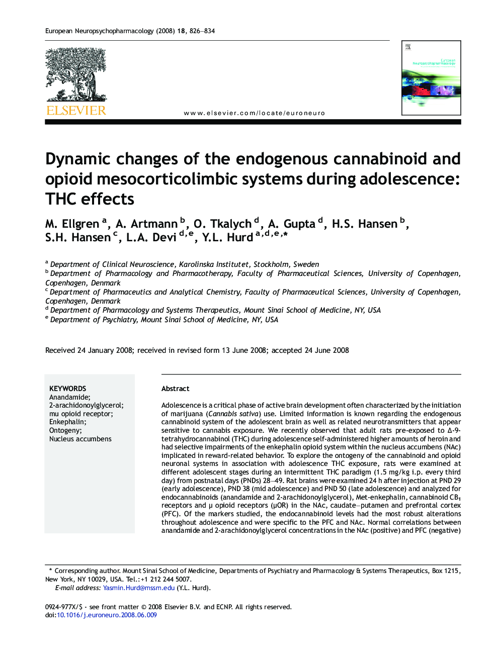 Dynamic changes of the endogenous cannabinoid and opioid mesocorticolimbic systems during adolescence: THC effects