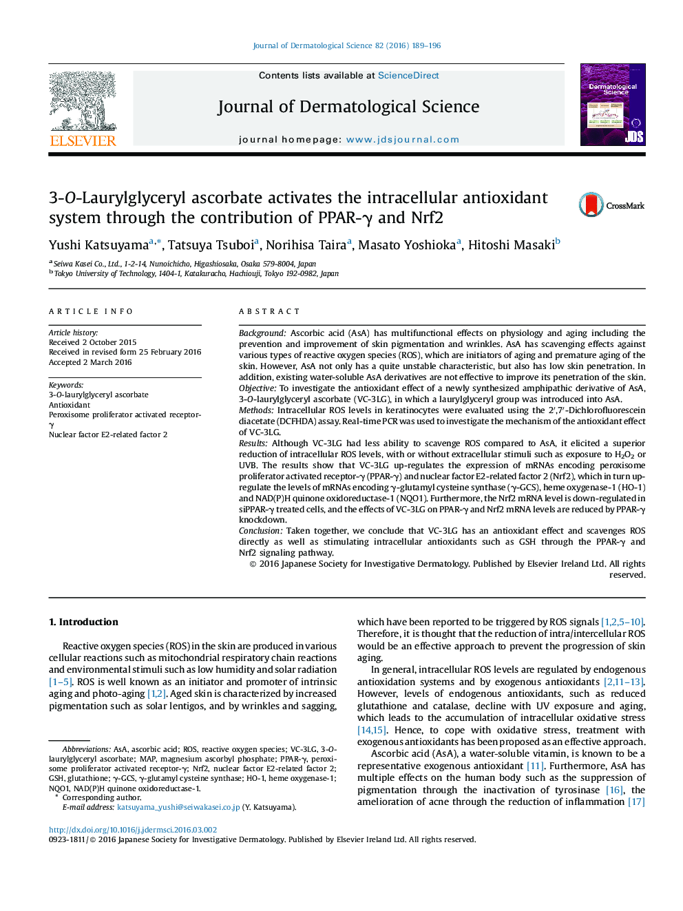 3-O-Laurylglyceryl ascorbate activates the intracellular antioxidant system through the contribution of PPAR-γ and Nrf2