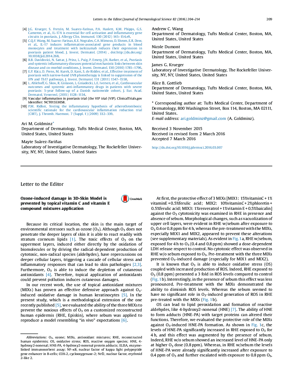 Ozone-induced damage in 3D-Skin Model is prevented by topical vitamin C and vitamin E compound mixtures application