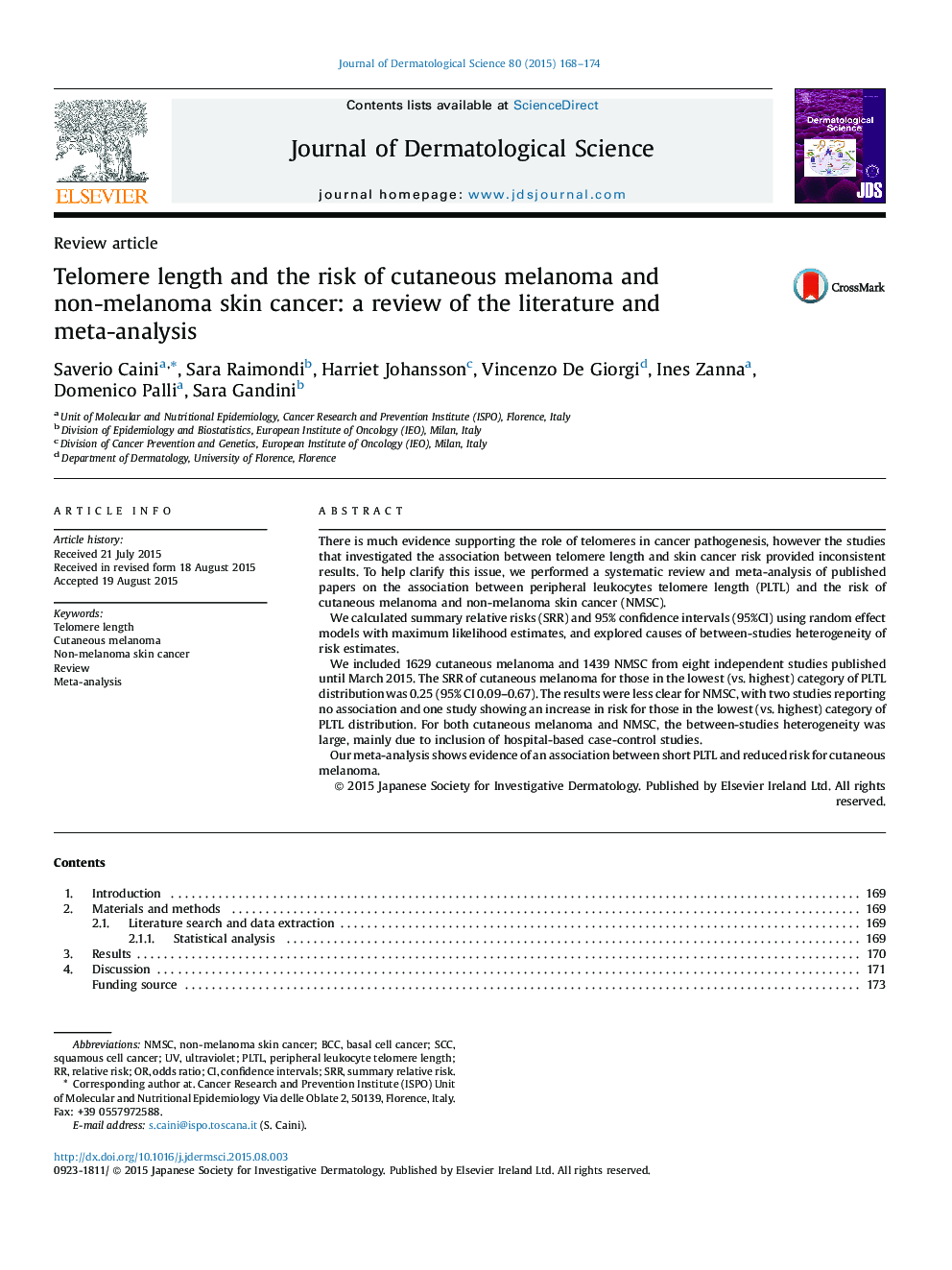 Telomere length and the risk of cutaneous melanoma and non-melanoma skin cancer: a review of the literature and meta-analysis