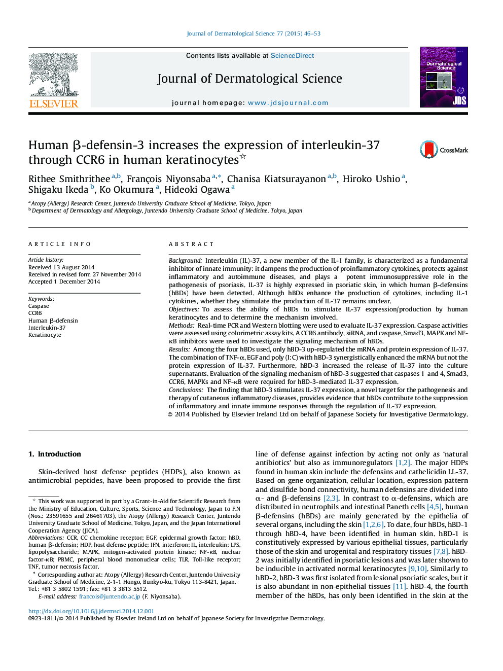 Human β-defensin-3 increases the expression of interleukin-37 through CCR6 in human keratinocytes 