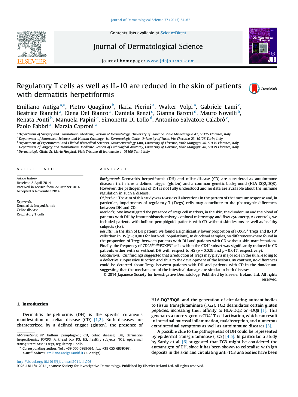 Regulatory T cells as well as IL-10 are reduced in the skin of patients with dermatitis herpetiformis