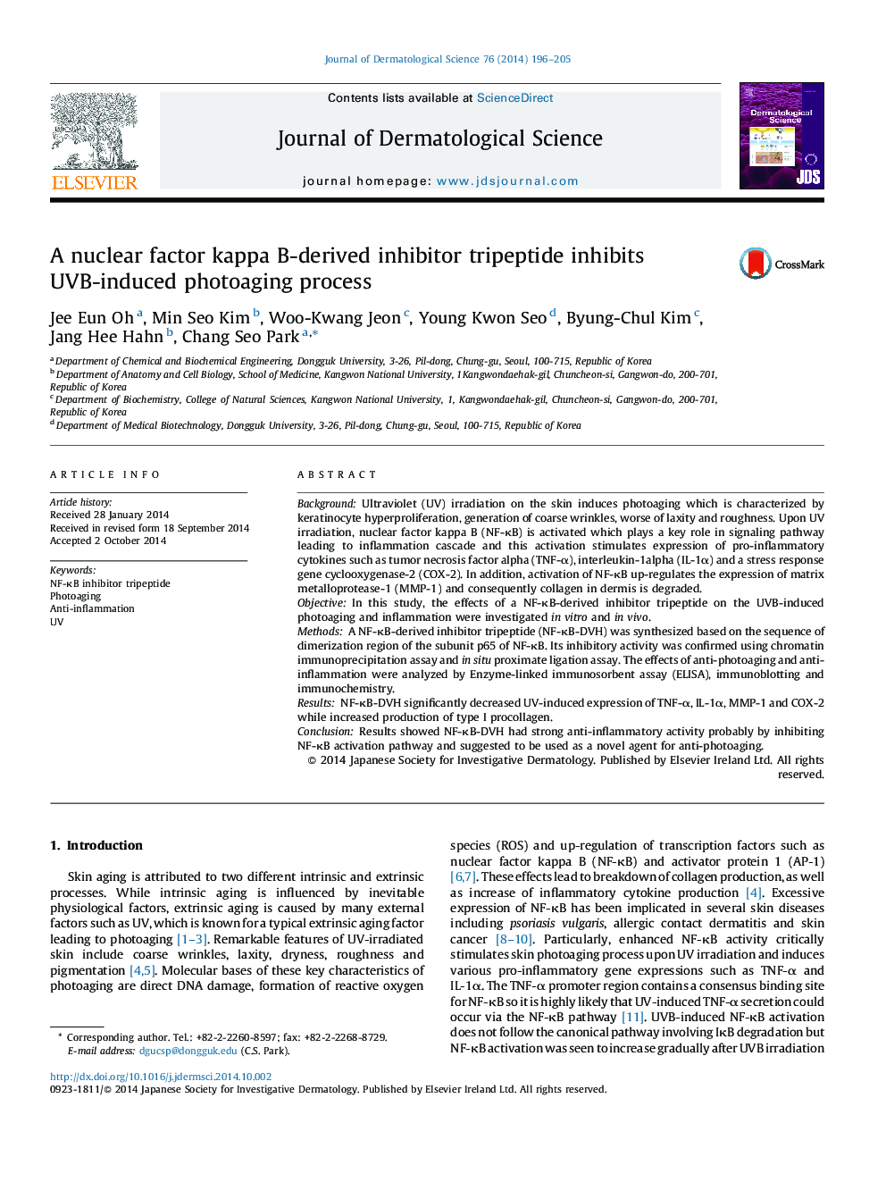 A nuclear factor kappa B-derived inhibitor tripeptide inhibits UVB-induced photoaging process