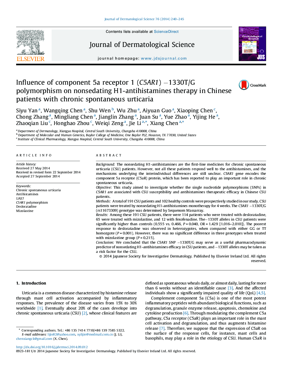 Influence of component 5a receptor 1 (C5AR1) −1330T/G polymorphism on nonsedating H1-antihistamines therapy in Chinese patients with chronic spontaneous urticaria