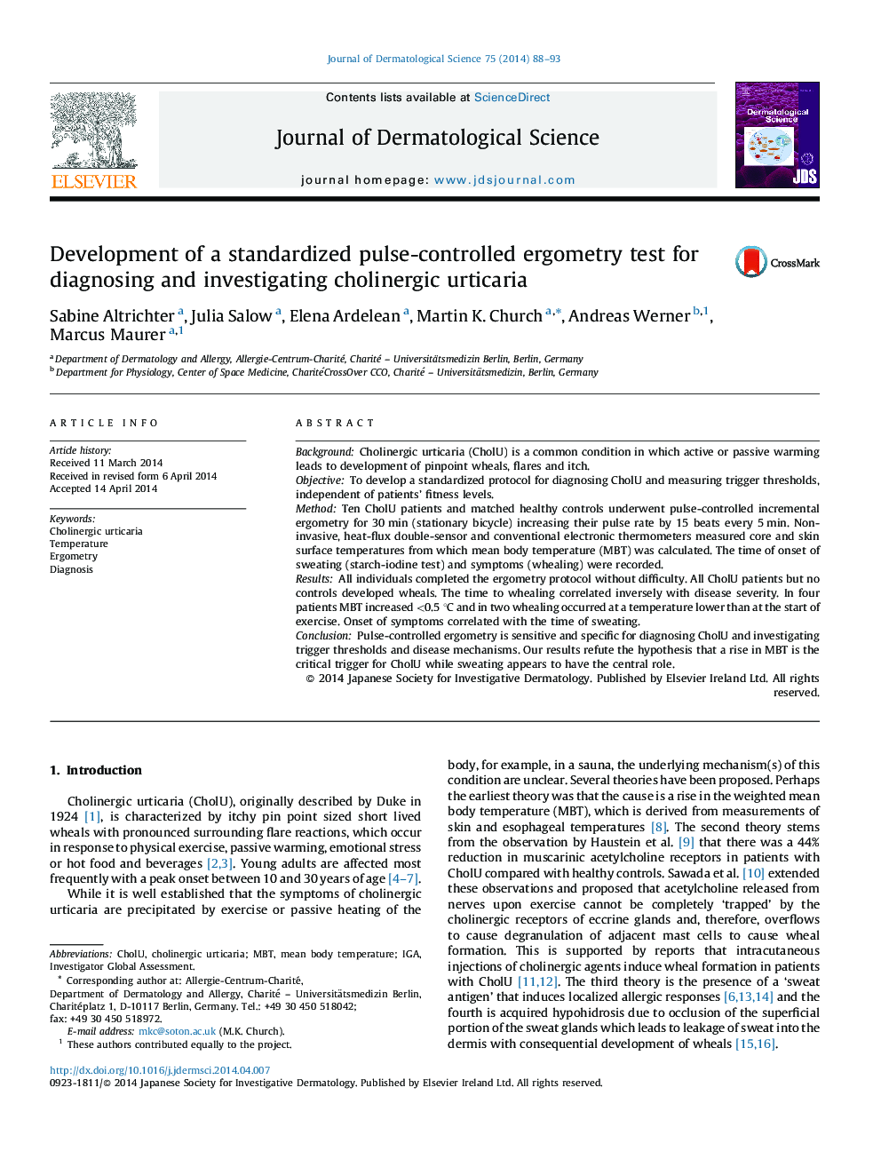 Development of a standardized pulse-controlled ergometry test for diagnosing and investigating cholinergic urticaria