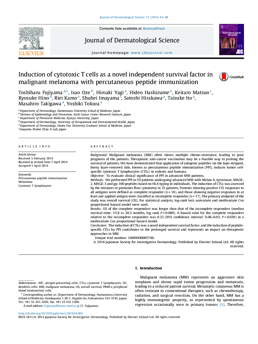 Induction of cytotoxic T cells as a novel independent survival factor in malignant melanoma with percutaneous peptide immunization