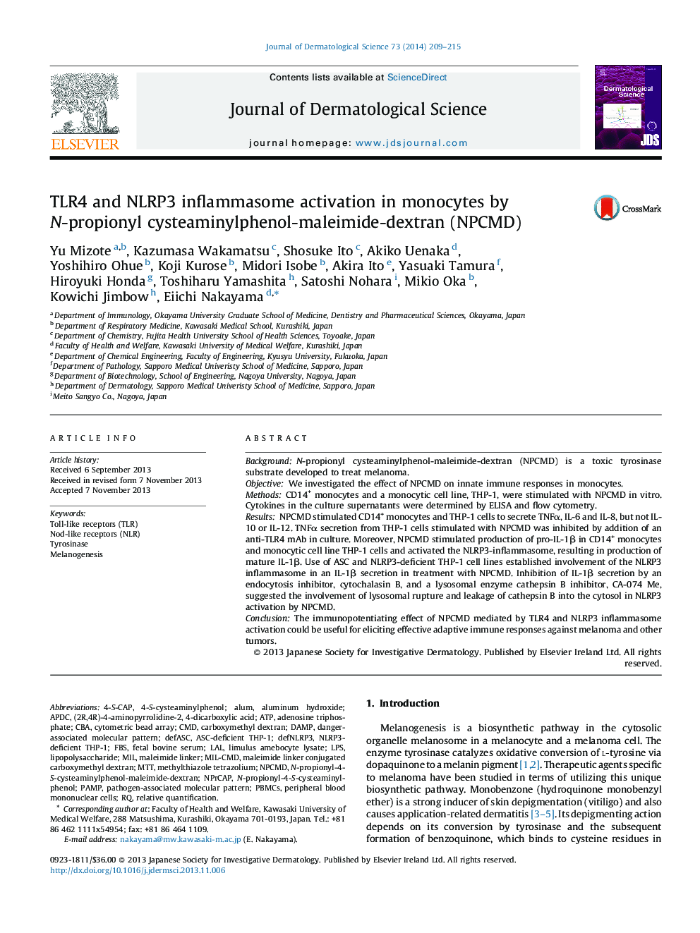 TLR4 and NLRP3 inflammasome activation in monocytes by N-propionyl cysteaminylphenol-maleimide-dextran (NPCMD)