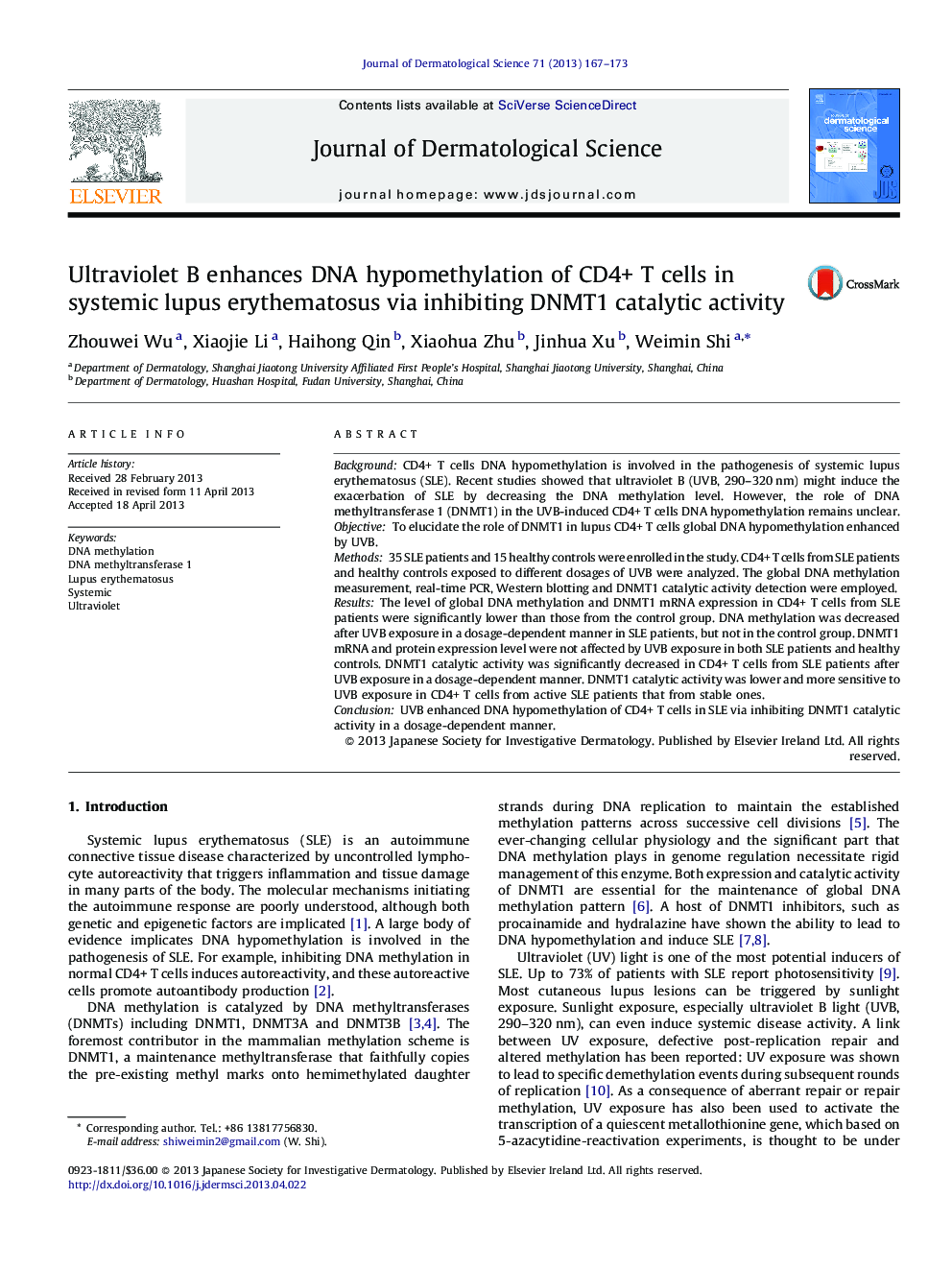 Ultraviolet B enhances DNA hypomethylation of CD4+ T cells in systemic lupus erythematosus via inhibiting DNMT1 catalytic activity