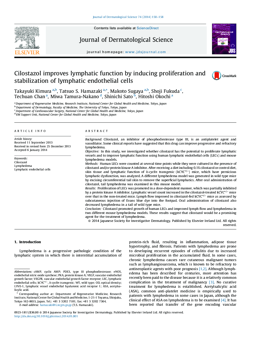 Cilostazol improves lymphatic function by inducing proliferation and stabilization of lymphatic endothelial cells