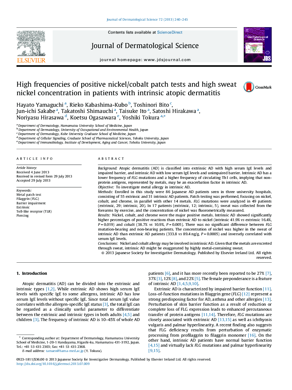 High frequencies of positive nickel/cobalt patch tests and high sweat nickel concentration in patients with intrinsic atopic dermatitis