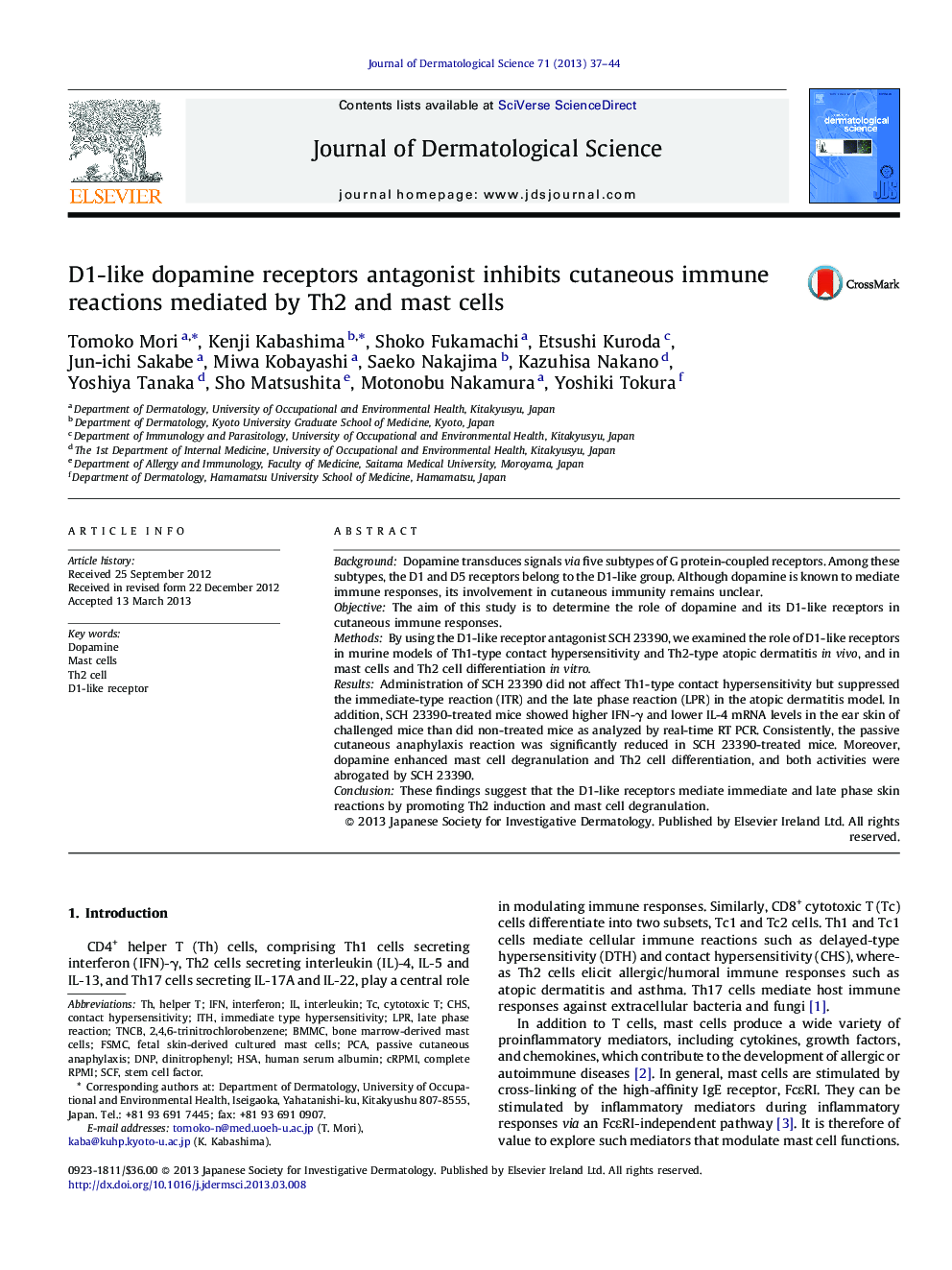 D1-like dopamine receptors antagonist inhibits cutaneous immune reactions mediated by Th2 and mast cells