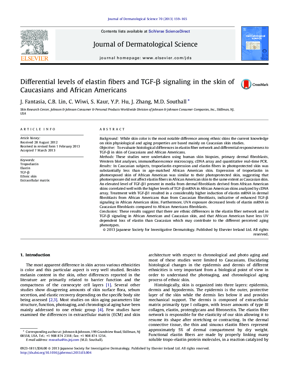 Differential levels of elastin fibers and TGF-β signaling in the skin of Caucasians and African Americans