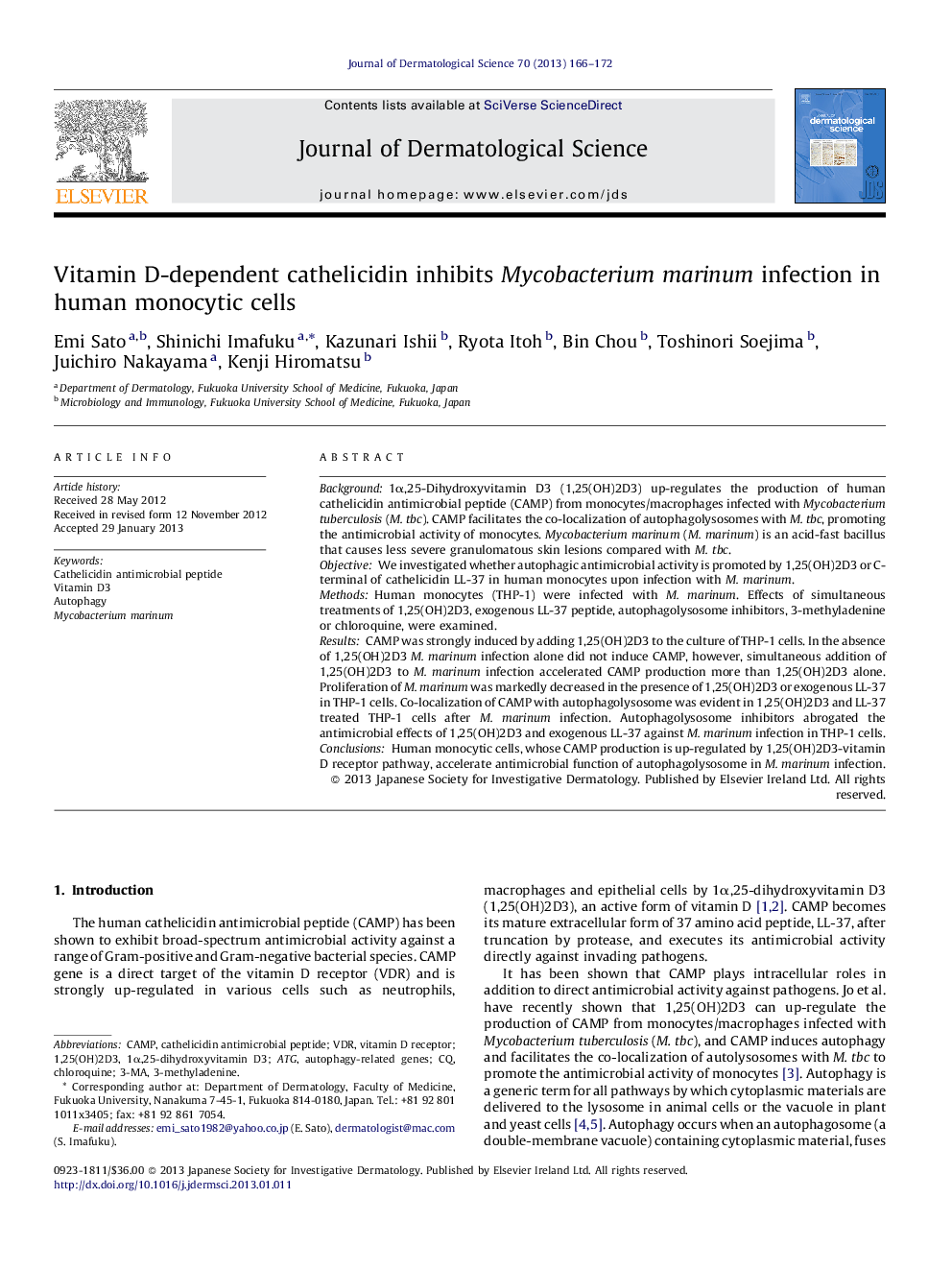 Vitamin D-dependent cathelicidin inhibits Mycobacterium marinum infection in human monocytic cells