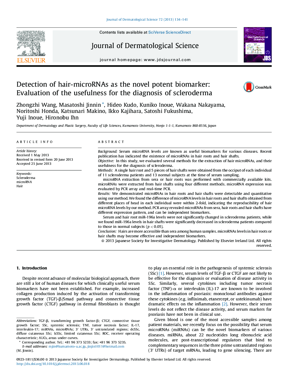 Detection of hair-microRNAs as the novel potent biomarker: Evaluation of the usefulness for the diagnosis of scleroderma