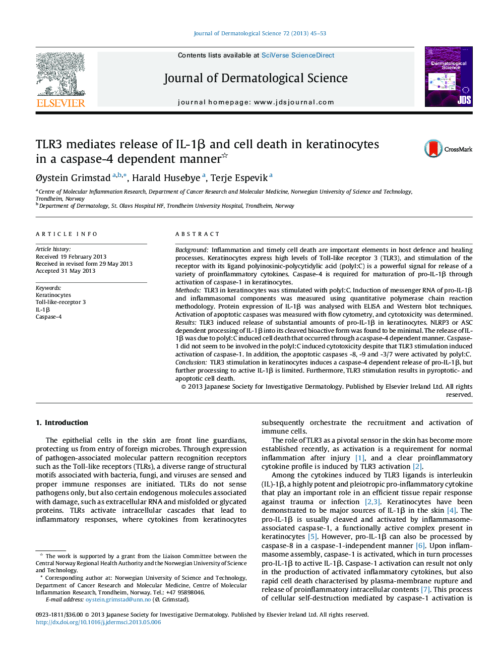 TLR3 mediates release of IL-1β and cell death in keratinocytes in a caspase-4 dependent manner 