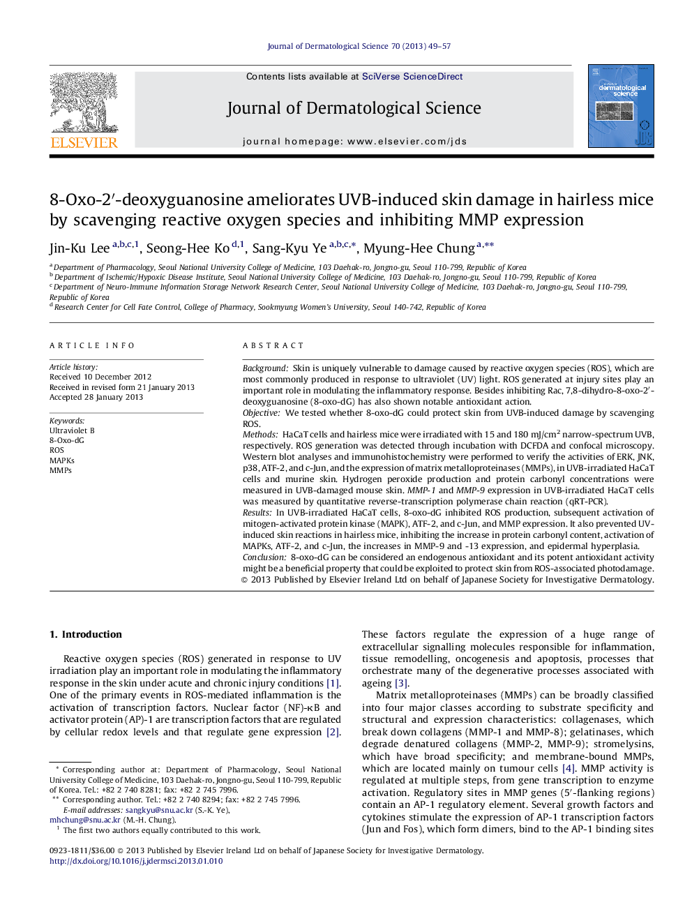 8-Oxo-2′-deoxyguanosine ameliorates UVB-induced skin damage in hairless mice by scavenging reactive oxygen species and inhibiting MMP expression