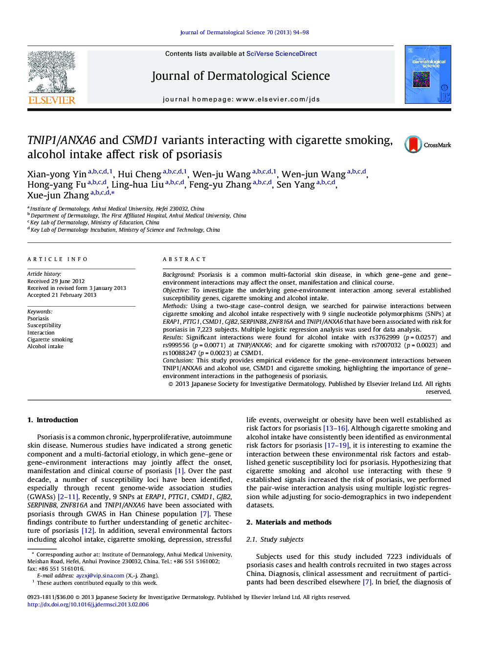 TNIP1/ANXA6 and CSMD1 variants interacting with cigarette smoking, alcohol intake affect risk of psoriasis