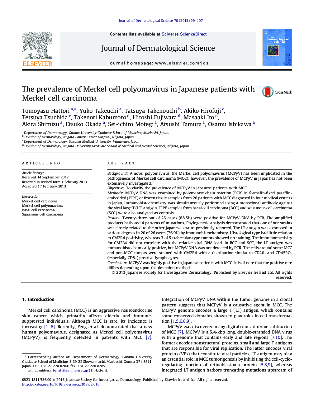 The prevalence of Merkel cell polyomavirus in Japanese patients with Merkel cell carcinoma