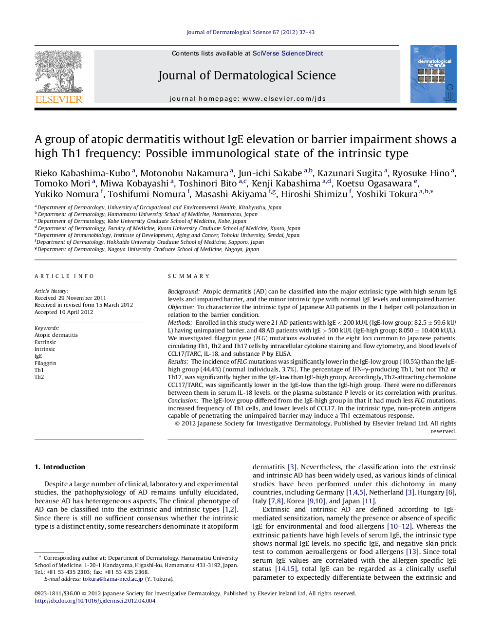 A group of atopic dermatitis without IgE elevation or barrier impairment shows a high Th1 frequency: Possible immunological state of the intrinsic type