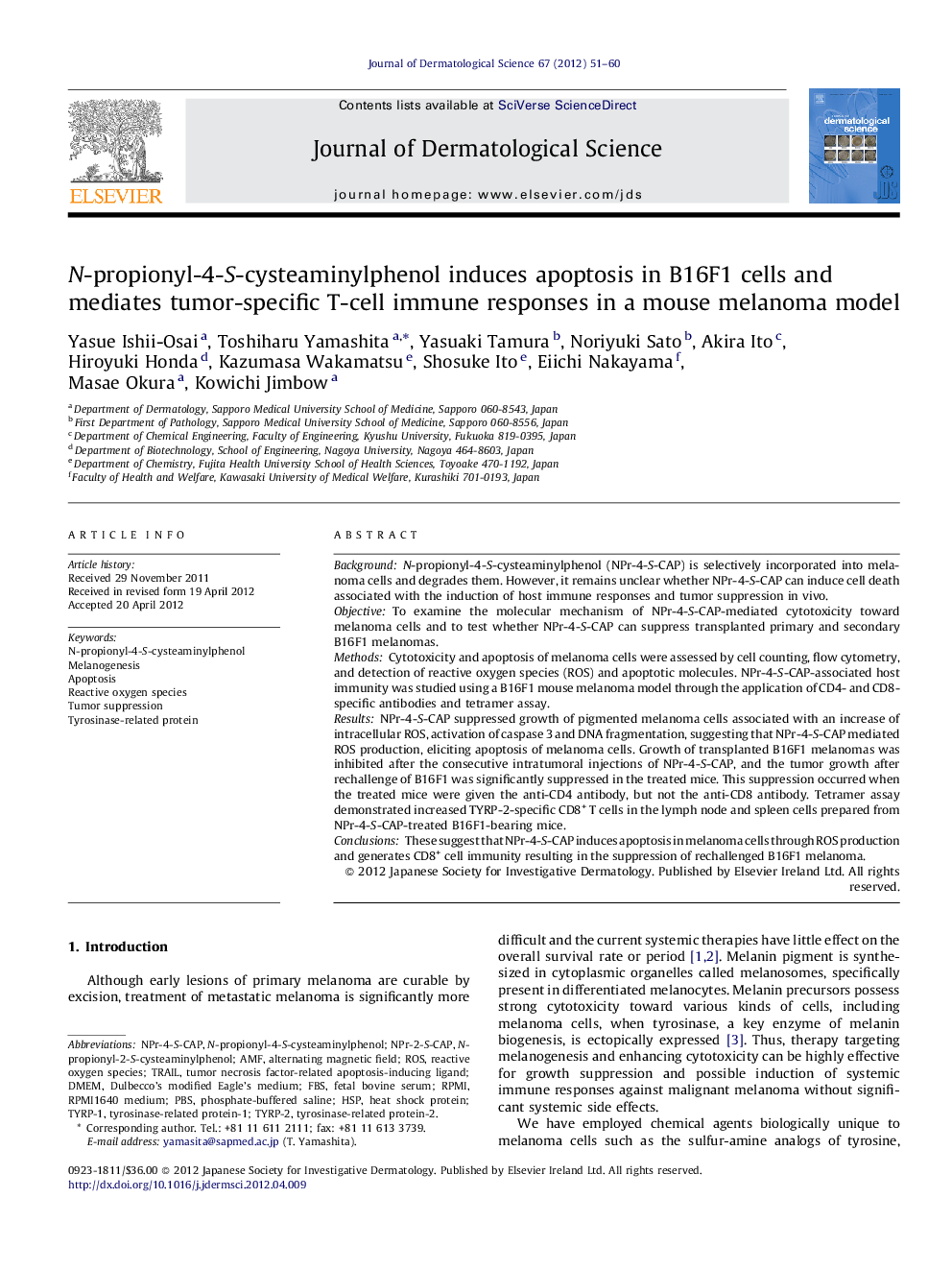 N-propionyl-4-S-cysteaminylphenol induces apoptosis in B16F1 cells and mediates tumor-specific T-cell immune responses in a mouse melanoma model