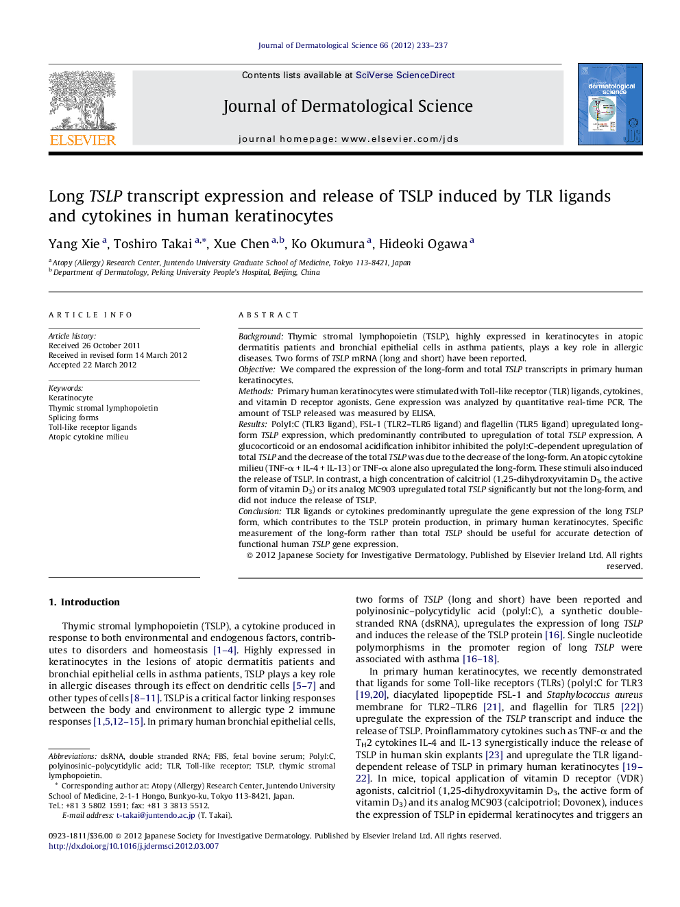 Long TSLP transcript expression and release of TSLP induced by TLR ligands and cytokines in human keratinocytes