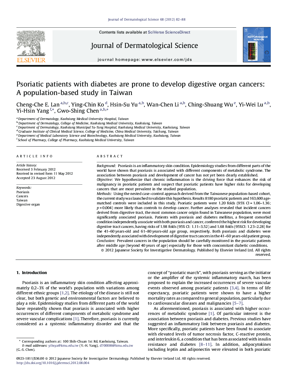 Psoriatic patients with diabetes are prone to develop digestive organ cancers: A population-based study in Taiwan
