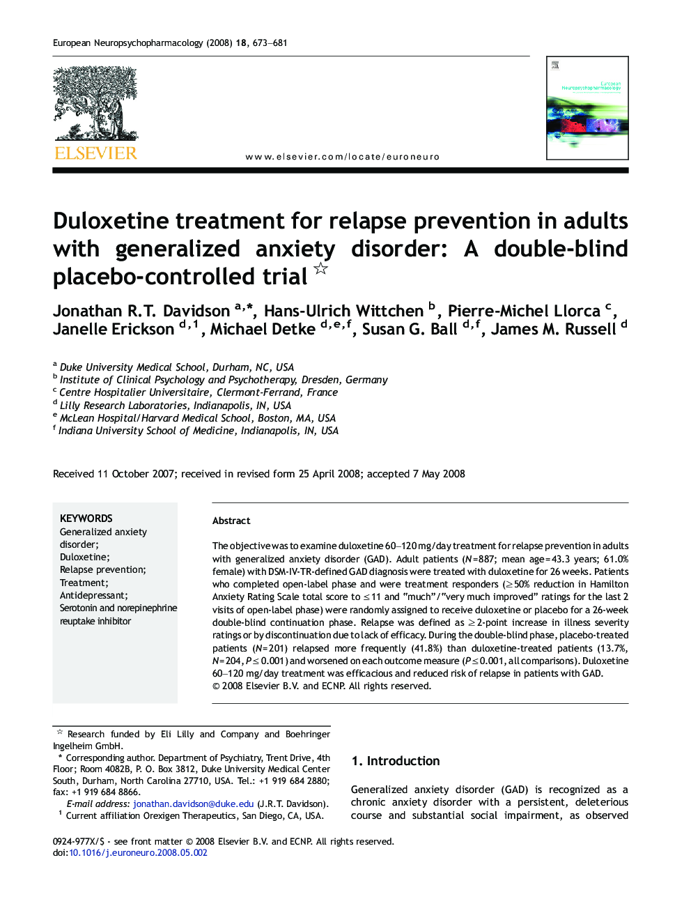 عکس صفحه اول مقاله: Duloxetine treatment for relapse prevention in adults with generalized anxiety disorder: A double-blind placebo-controlled trial Duloxetine treatment for relapse prevention in adults with generalized anxiety disorder: A double-blind placebo-controlled trial