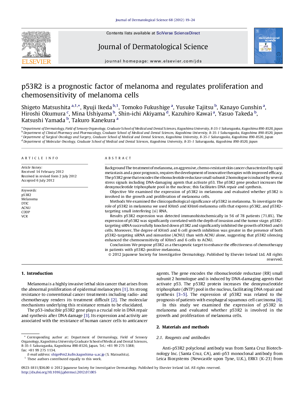 p53R2 is a prognostic factor of melanoma and regulates proliferation and chemosensitivity of melanoma cells