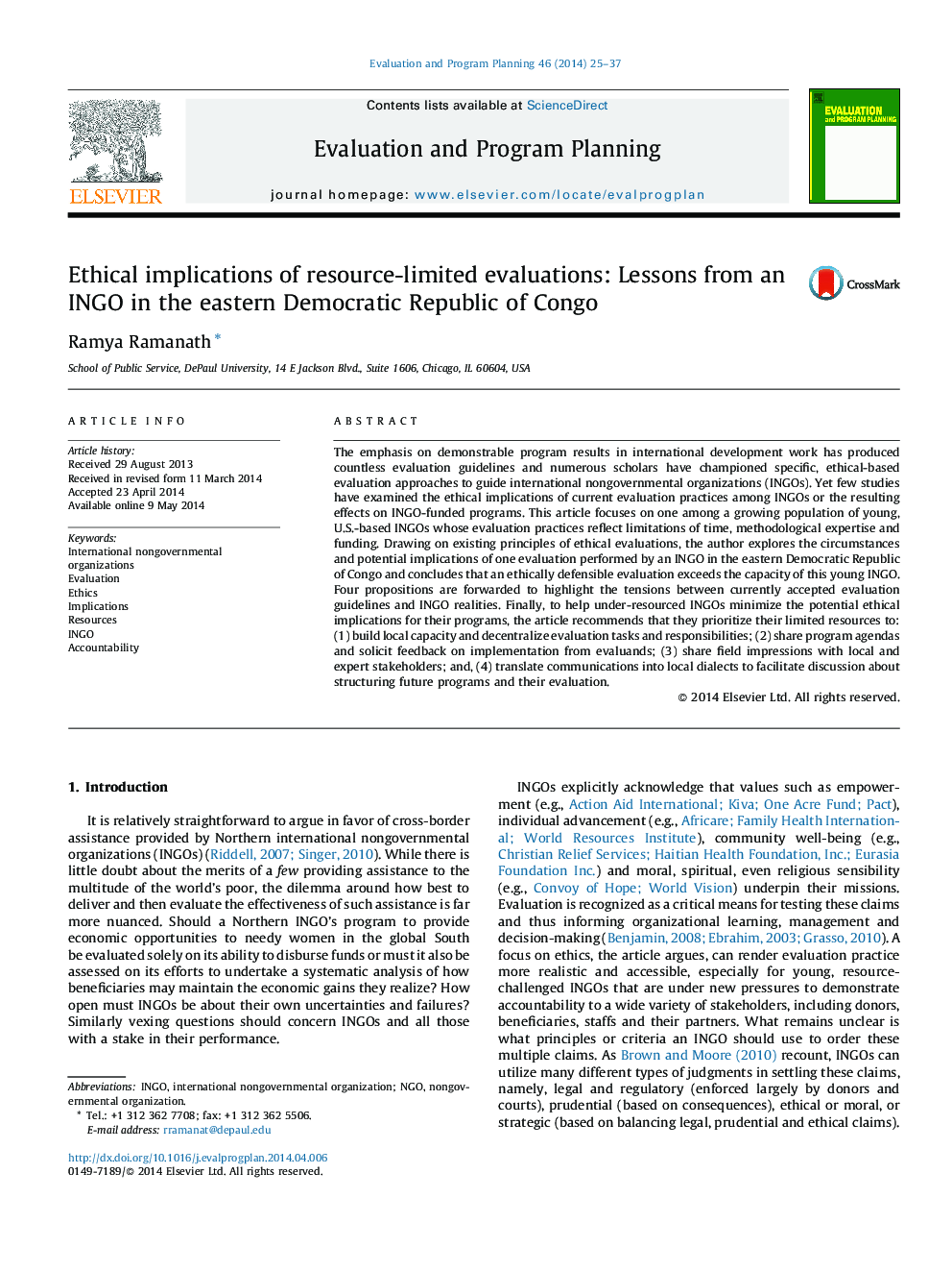 Ethical implications of resource-limited evaluations: Lessons from an INGO in the eastern Democratic Republic of Congo
