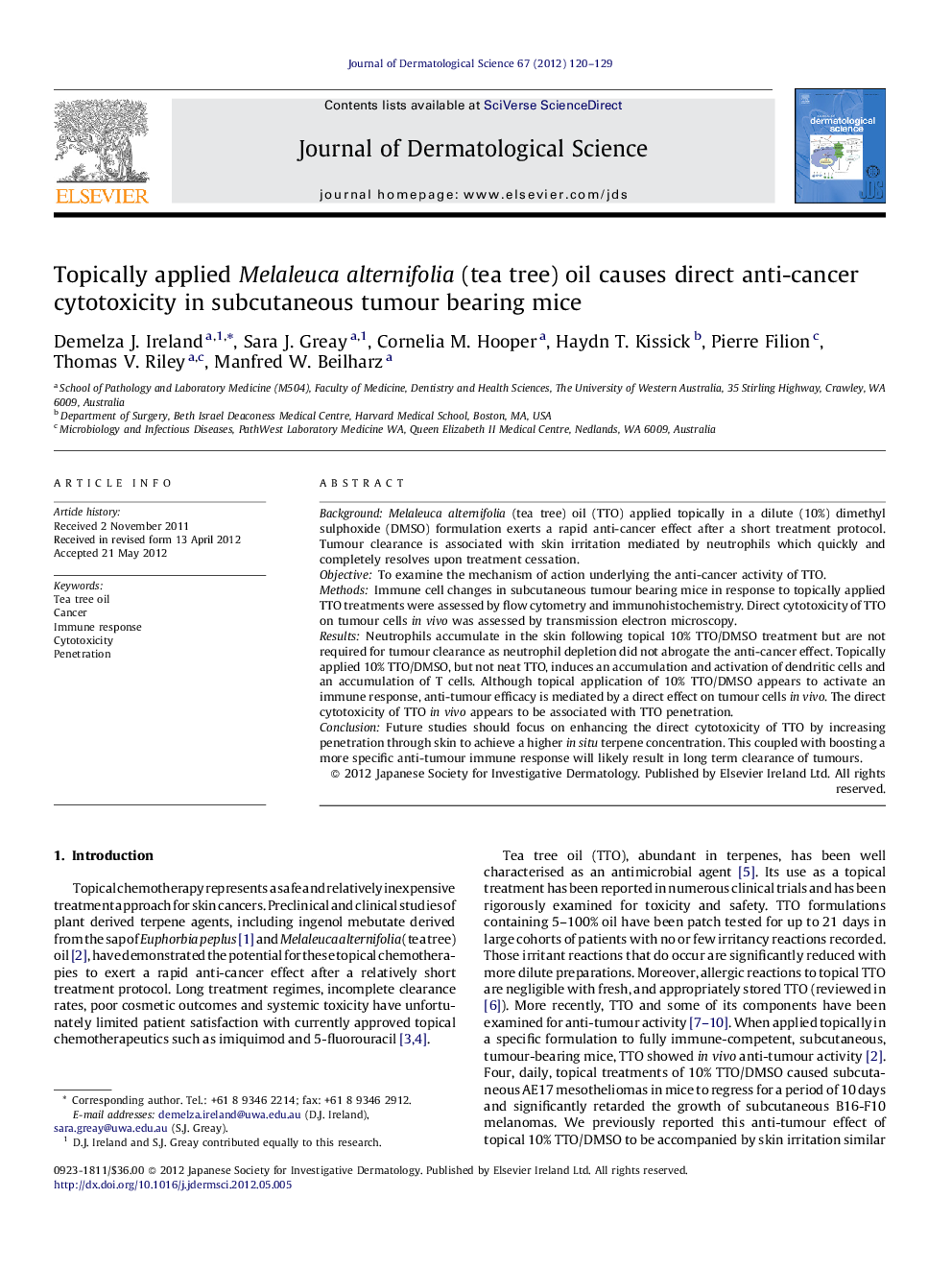 Topically applied Melaleuca alternifolia (tea tree) oil causes direct anti-cancer cytotoxicity in subcutaneous tumour bearing mice