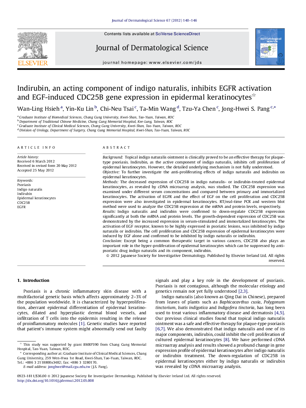 Indirubin, an acting component of indigo naturalis, inhibits EGFR activation and EGF-induced CDC25B gene expression in epidermal keratinocytes 