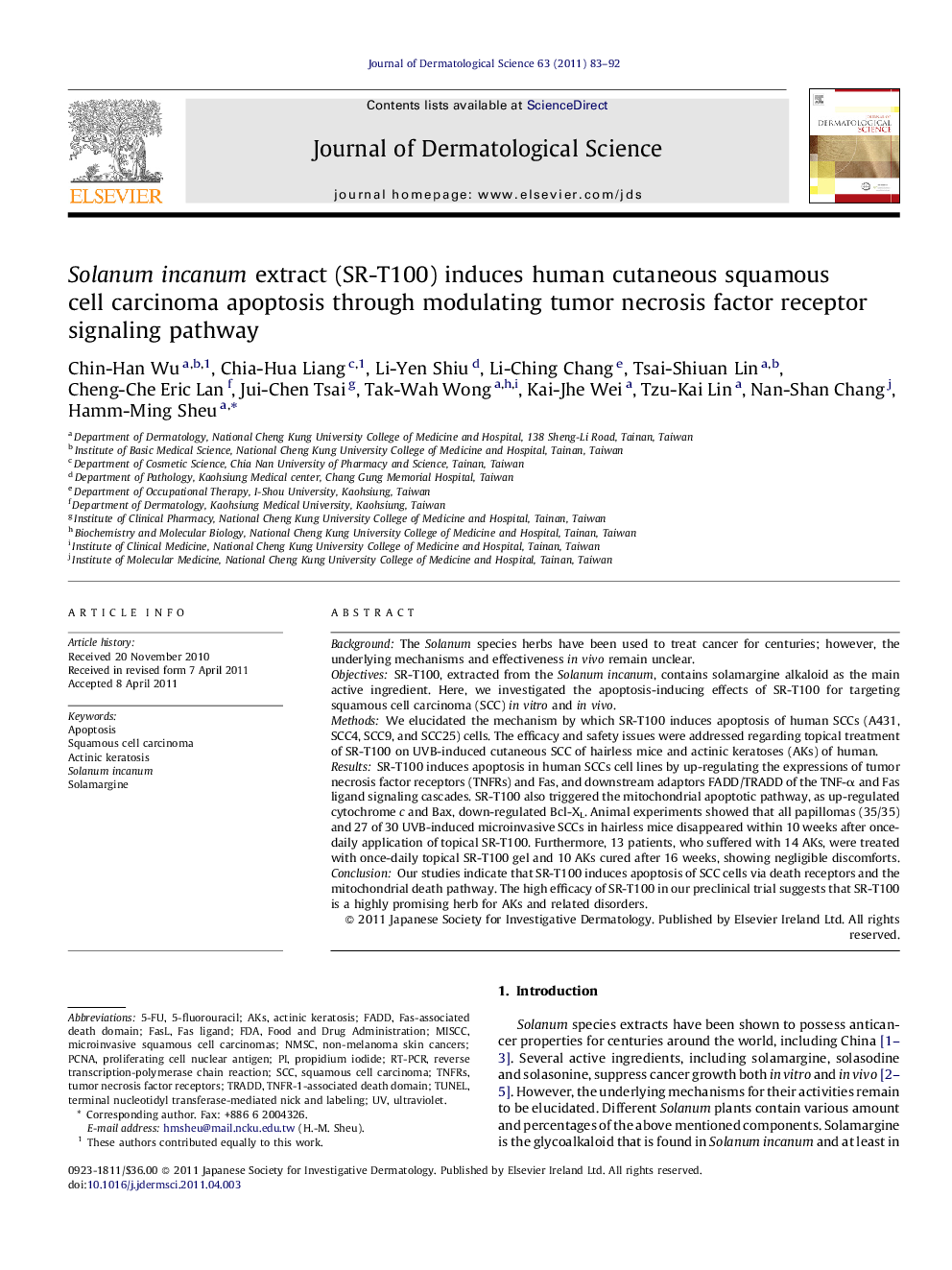 Solanum incanum extract (SR-T100) induces human cutaneous squamous cell carcinoma apoptosis through modulating tumor necrosis factor receptor signaling pathway