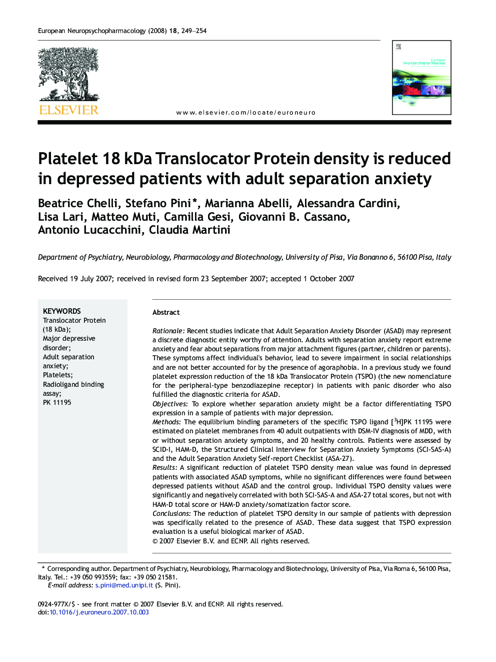 Platelet 18 kDa Translocator Protein density is reduced in depressed patients with adult separation anxiety